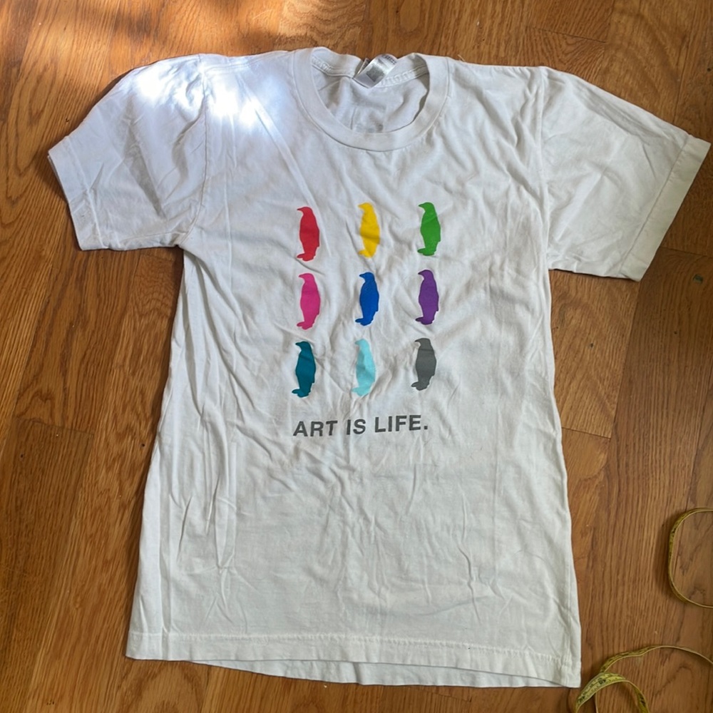 American Apparel White Tee with Colorful Penguin Design